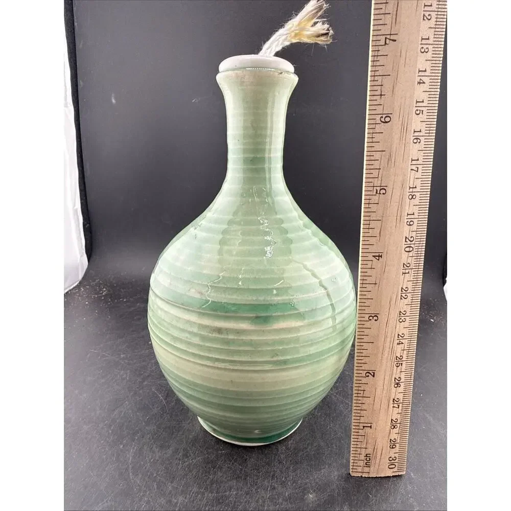 Hand Thrown Studio Pottery Oil Lamp Green Celadon Glaze Signed Dated 2006